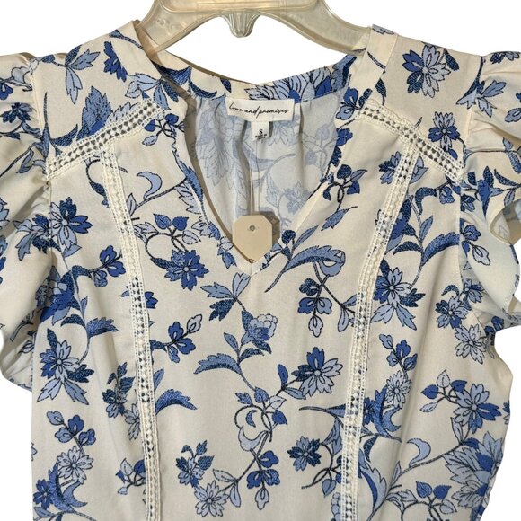 Love & Promises Blue & White Floral Dress with Short Ruffle Sleeves - Size Small - Picture 2 of 10